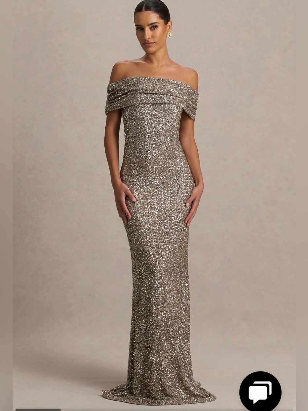 Club London MELINA
Champagne Sequin Bardot-Neck Maxi Dress